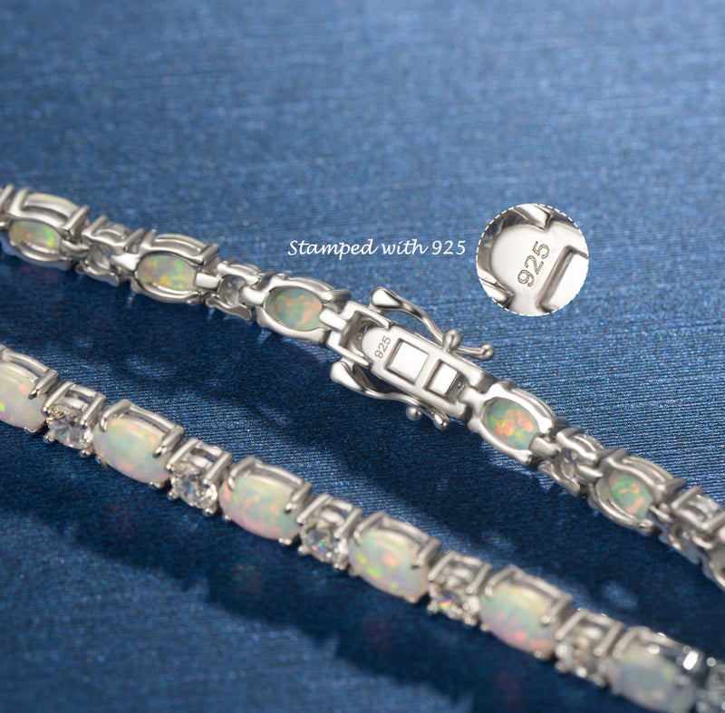 FANCIME Sterling Silver Fire Opal Tennis Bracelet October Birthstone Bracelets Oval Gemstone Dainty Fine Jewelry for Women 7" - Image 4